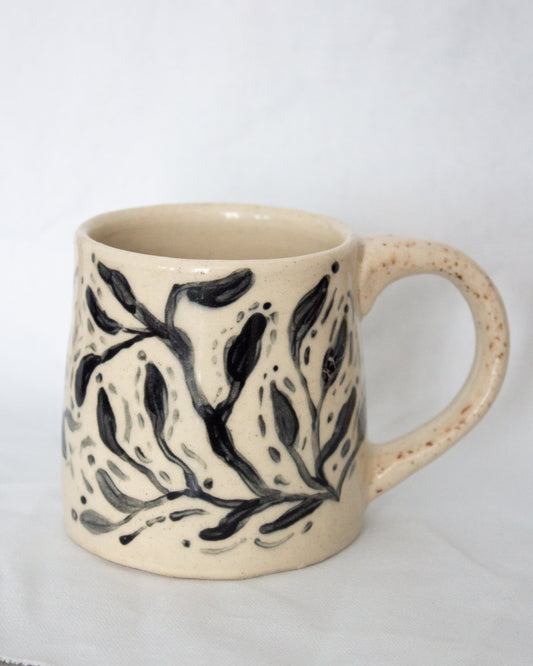 Hand Painted Black and White Floral Mug