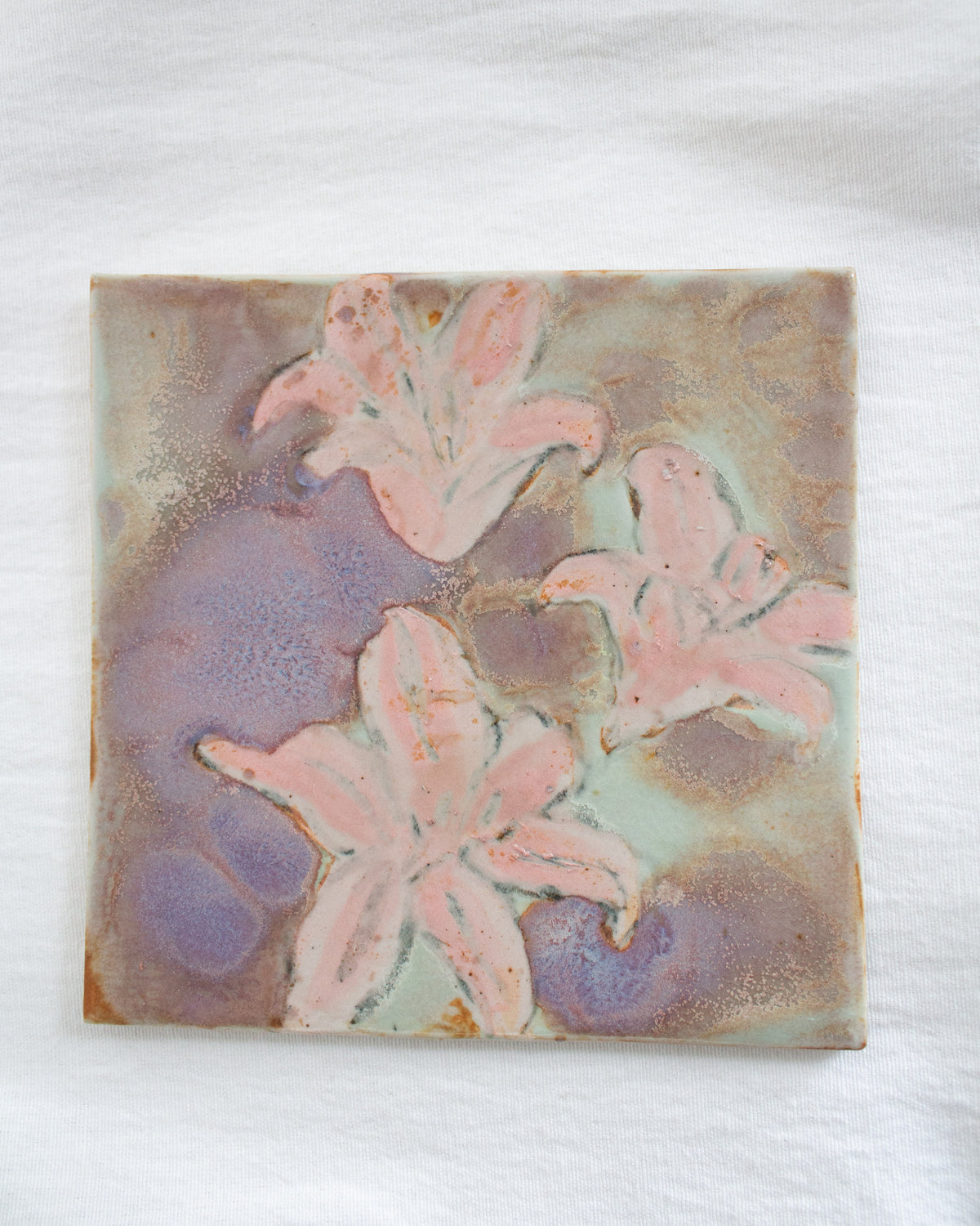 Pink Lily and Purple 6 inch Ceramic Tile No. 49