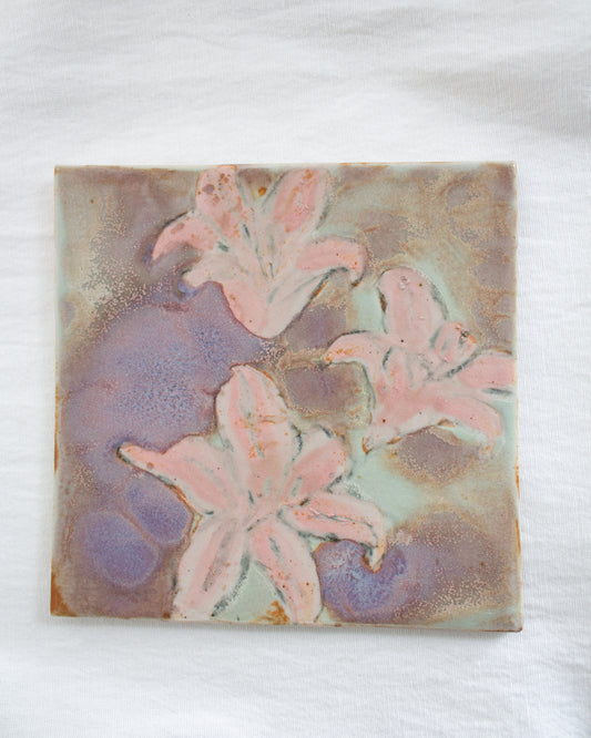 Pink Lily and Purple 6 inch Ceramic Tile No. 49