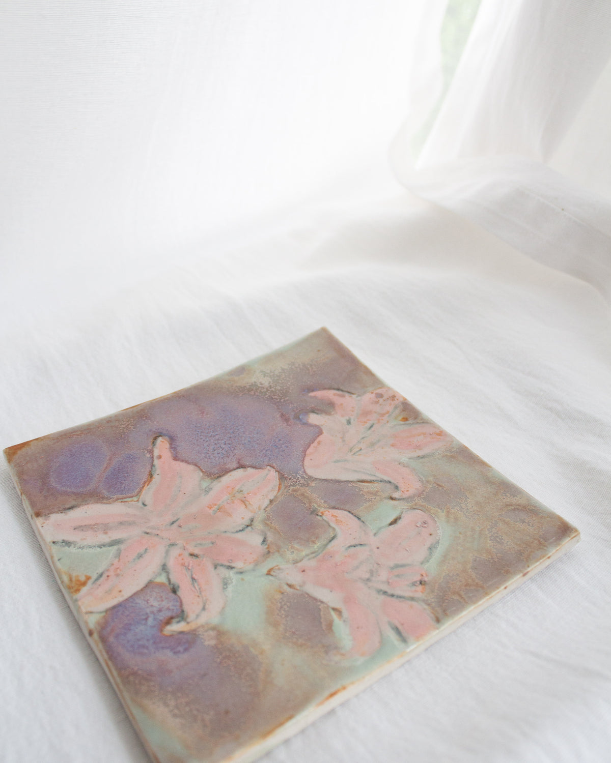 Pink Lily and Purple 6 inch Ceramic Tile No. 49