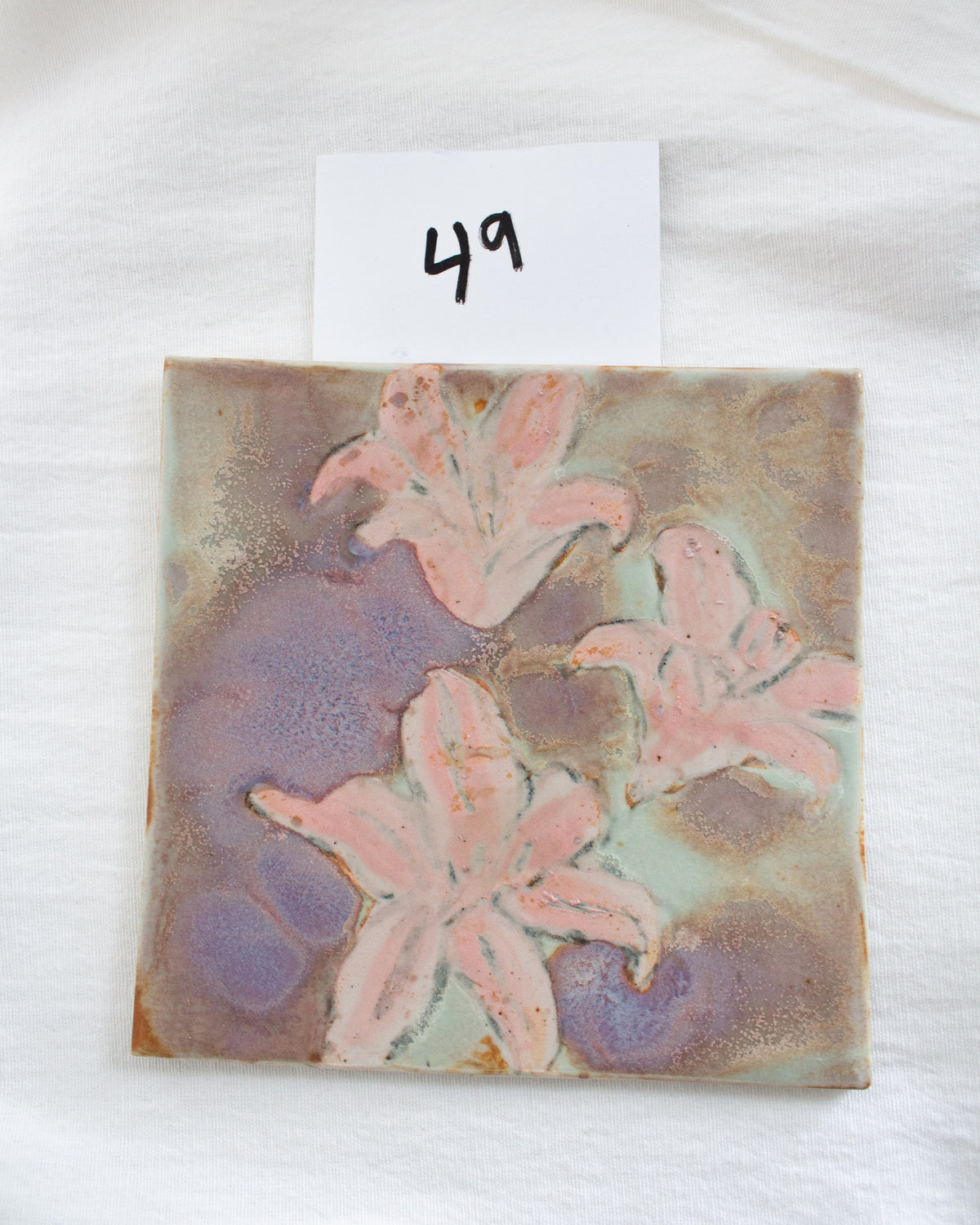 Pink Lily and Purple 6 inch Ceramic Tile No. 49