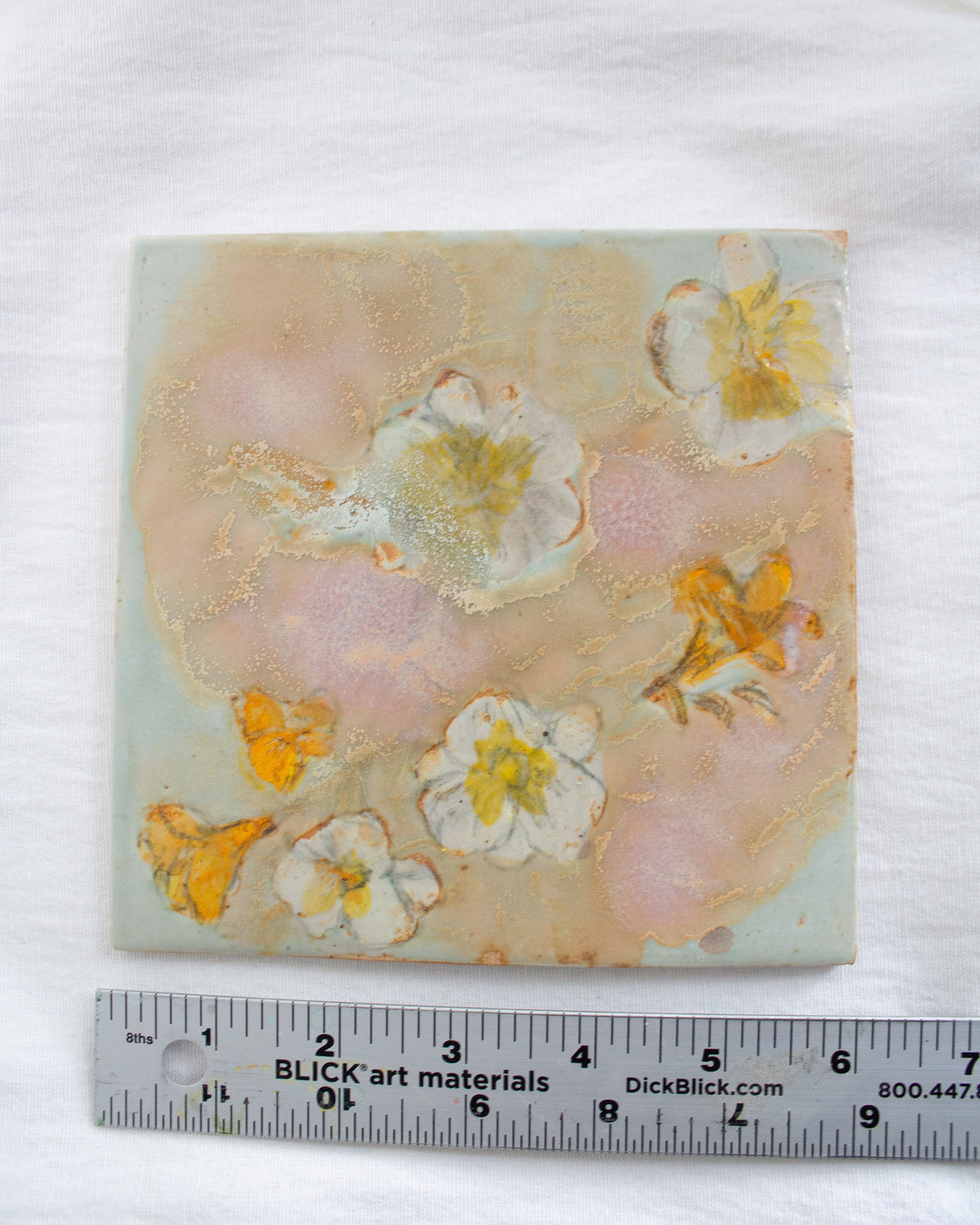 Bright Orange and Teal Floral 6 inch Ceramic Tile No. 48