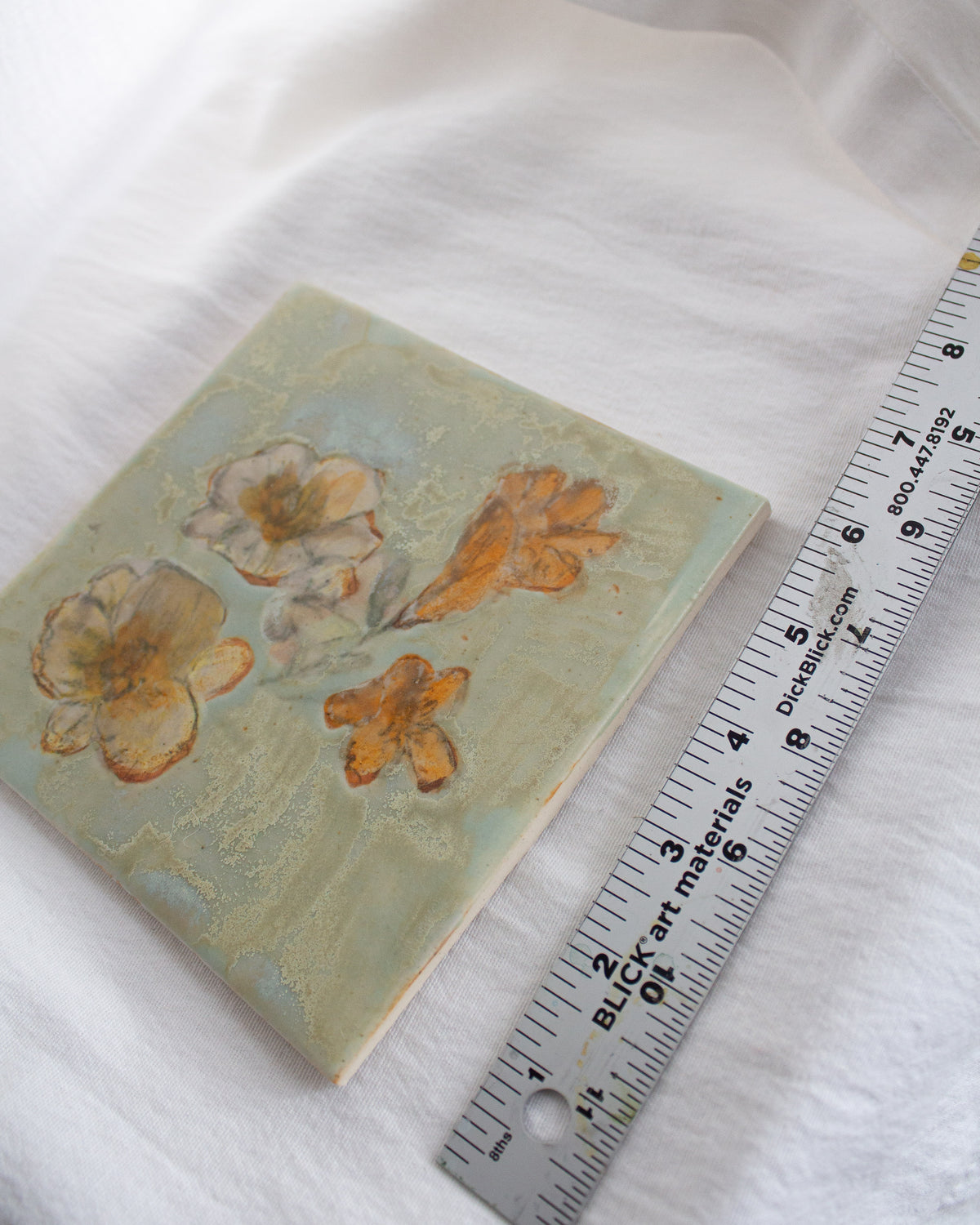 Teal and Orange Floral 6 inch Ceramic Tile No. 47