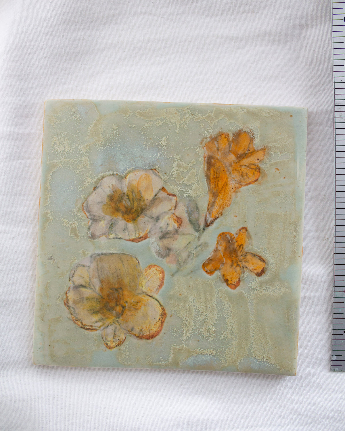 Teal and Orange Floral 6 inch Ceramic Tile No. 47