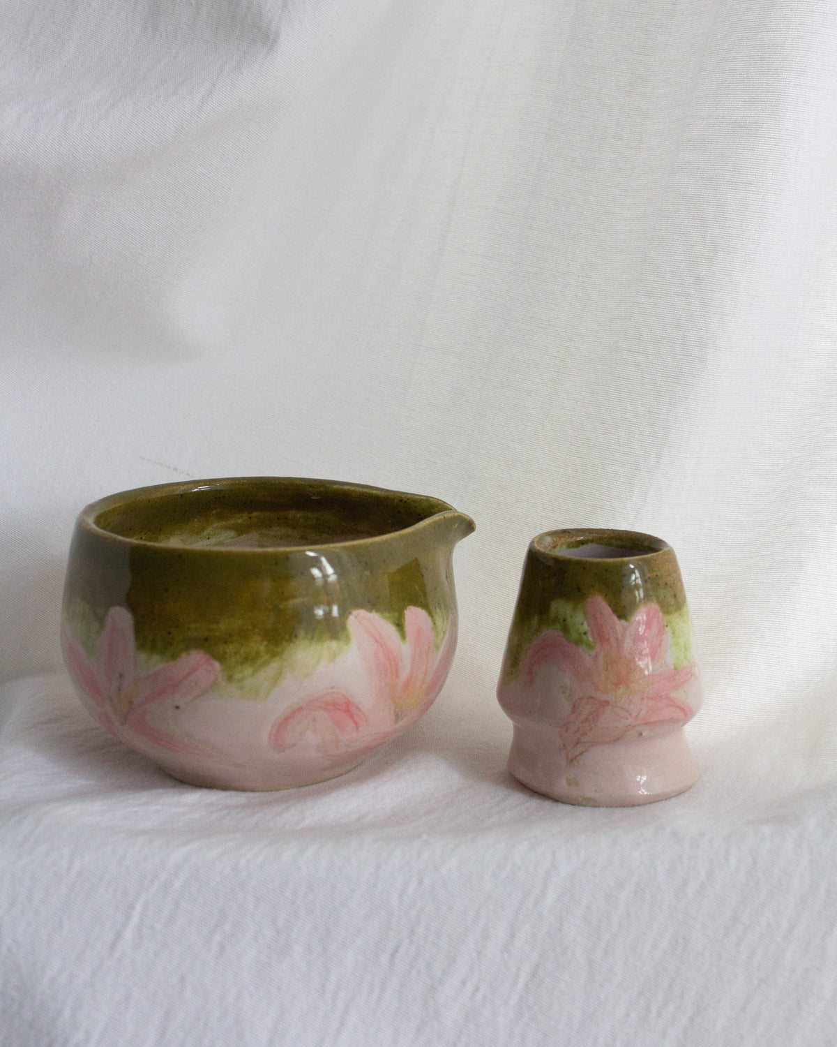 Hand Painted Olive and Pink Matcha Set No. 66